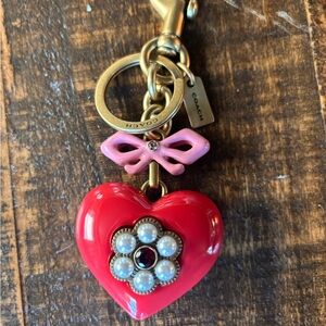 Coach Red Heart Bag Charm with Pink Bow and Pearl Detail